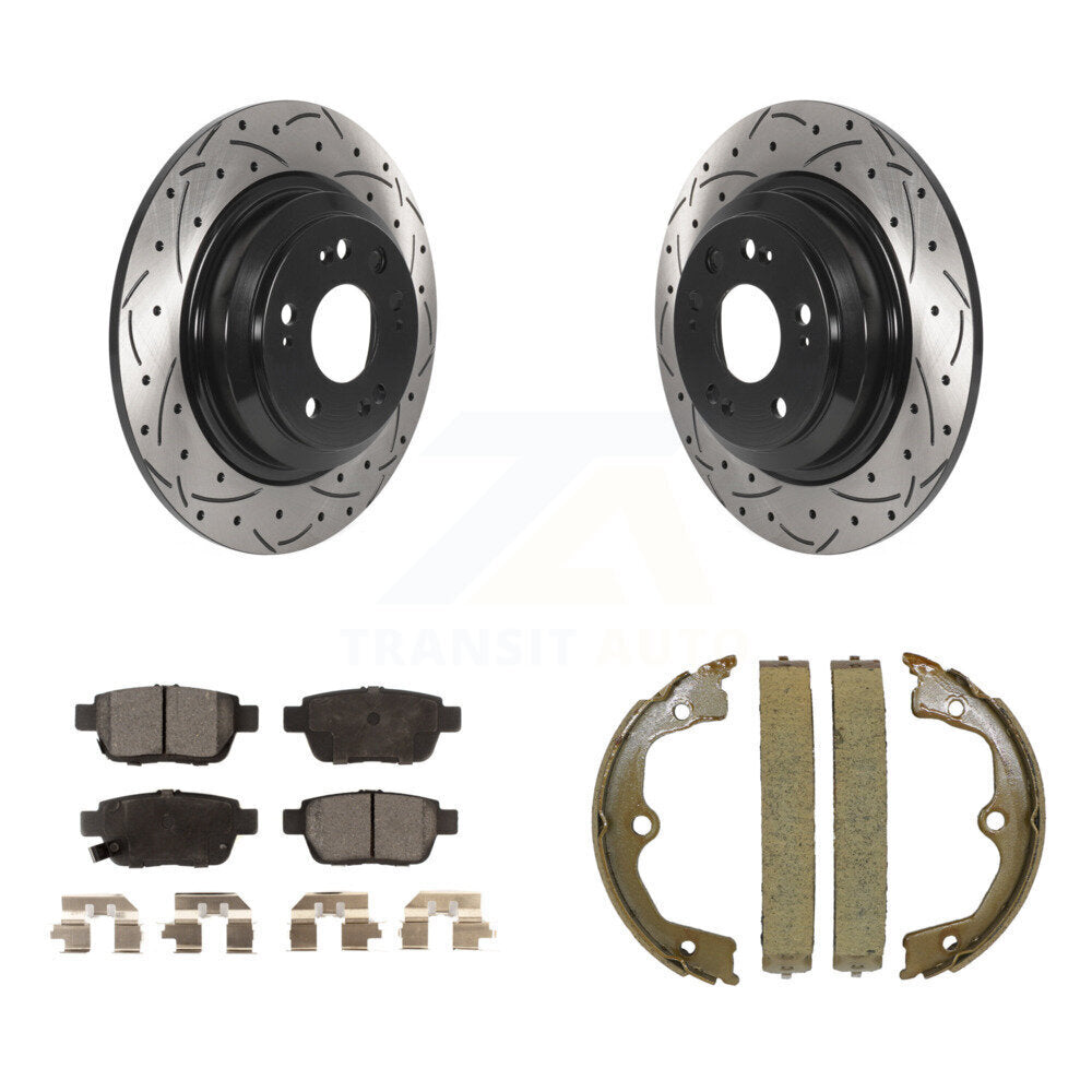 Rear Disc Drilled & Slotted Rotors Ceramic Pads Parking Shoes Kit For 2009-2014 Acura TL KDT-101513