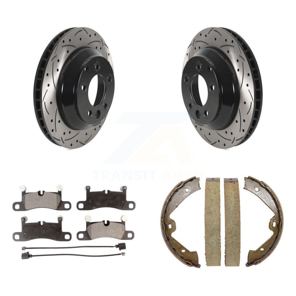 Rear Disc Drilled & Slotted Rotors Ceramic Pads Parking Shoes Kit For Volkswagen Touareg KDT-101514