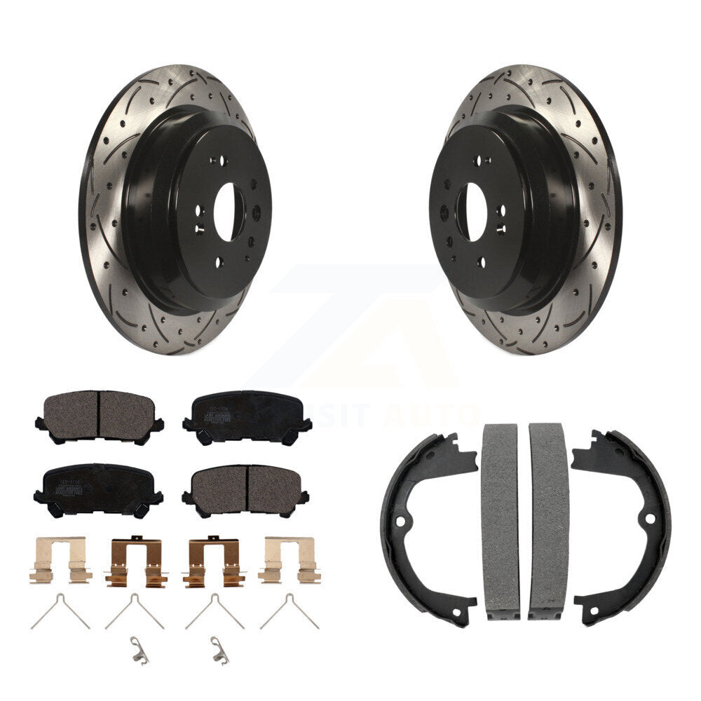 Rear Disc Drilled & Slotted Rotors Ceramic Pads Parking Shoes Kit For 2014-2016 Acura MDX KDT-101515