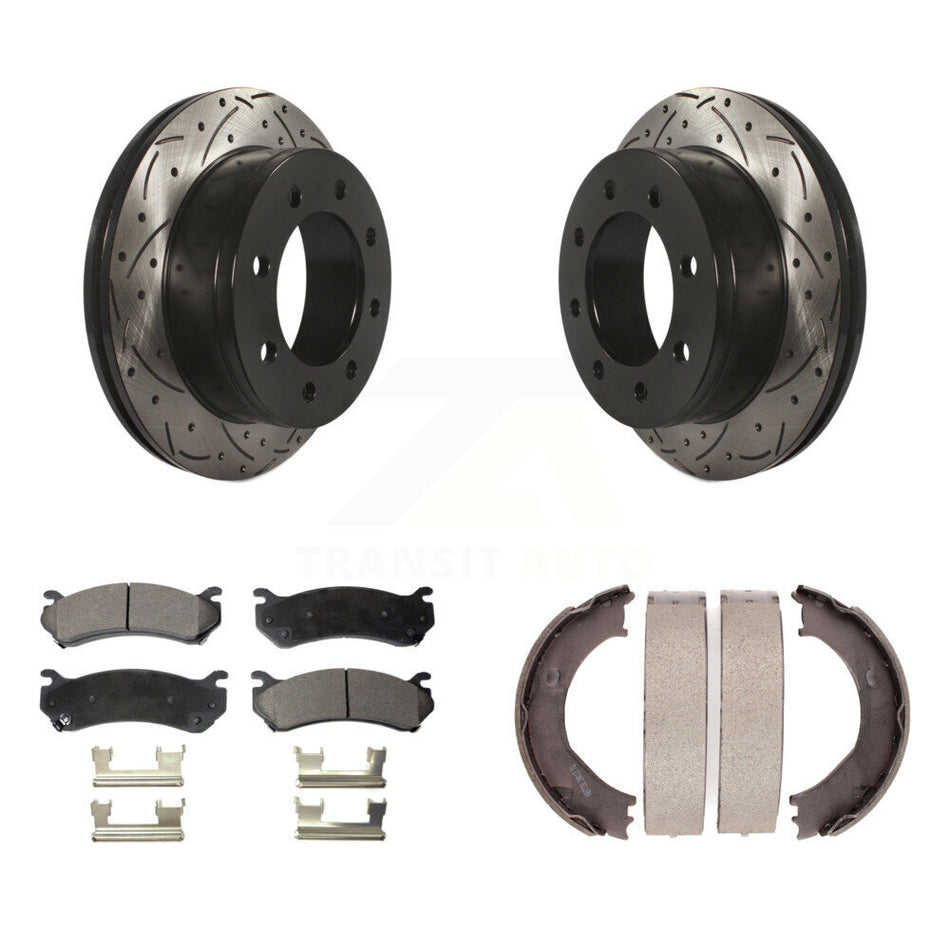 Rear Disc Drilled & Slotted Rotors Ceramic Pads Parking Shoes Kit For Chevrolet GMC 2500 KDT-101518