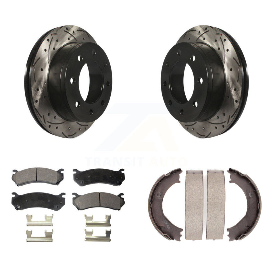 Rear Disc Drilled & Slotted Rotors Ceramic Pads Parking Shoes Kit For Chevrolet Silverado KDT-101519