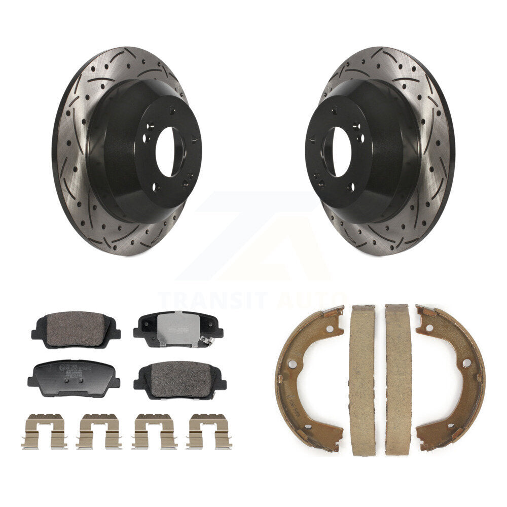 Rear Disc Drilled & Slotted Rotors Ceramic Pads Parking Shoes Kit For Hyundai Santa Fe KDT-101524