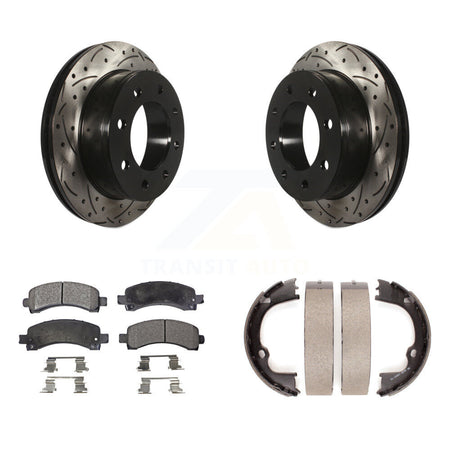 Rear Disc Drilled & Slotted Rotors Ceramic Pads Parking Shoes Kit For Chevrolet GMC 2500 KDT-101525
