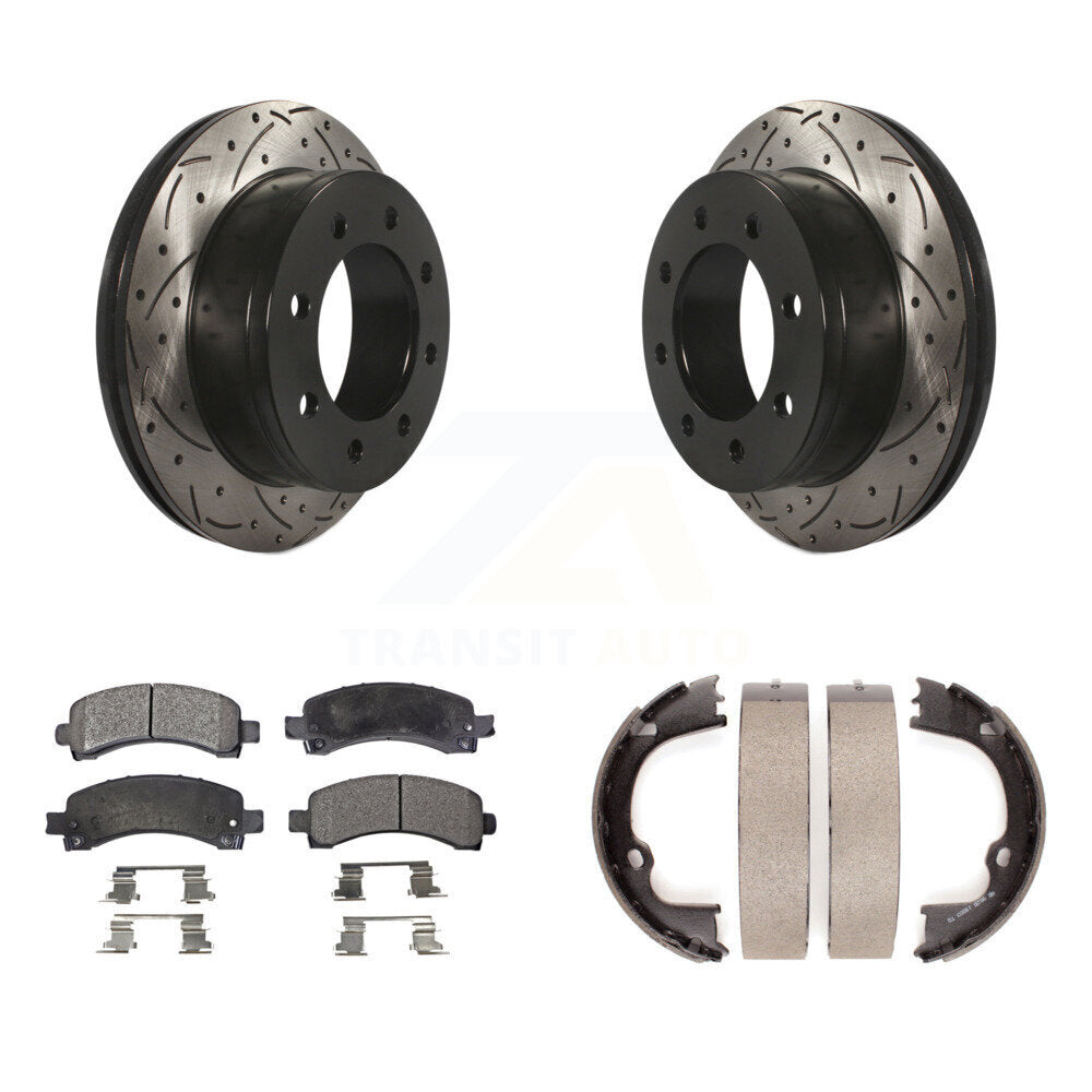 Rear Disc Drilled & Slotted Rotors Ceramic Pads Parking Shoes Kit For Chevrolet GMC 2500 KDT-101526