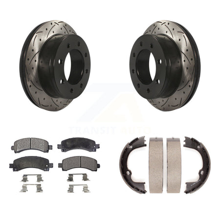 Rear Disc Drilled & Slotted Rotors Ceramic Pads Parking Shoes Kit For Chevrolet GMC 2500 KDT-101526