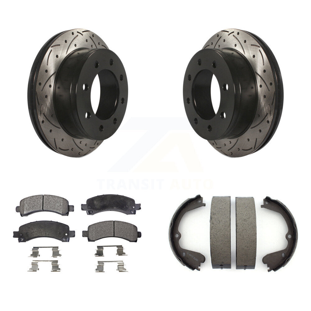 Rear Disc Drilled & Slotted Rotors Ceramic Pads And Parking Shoes Kit For GMC Savana 3500 KDT-101529
