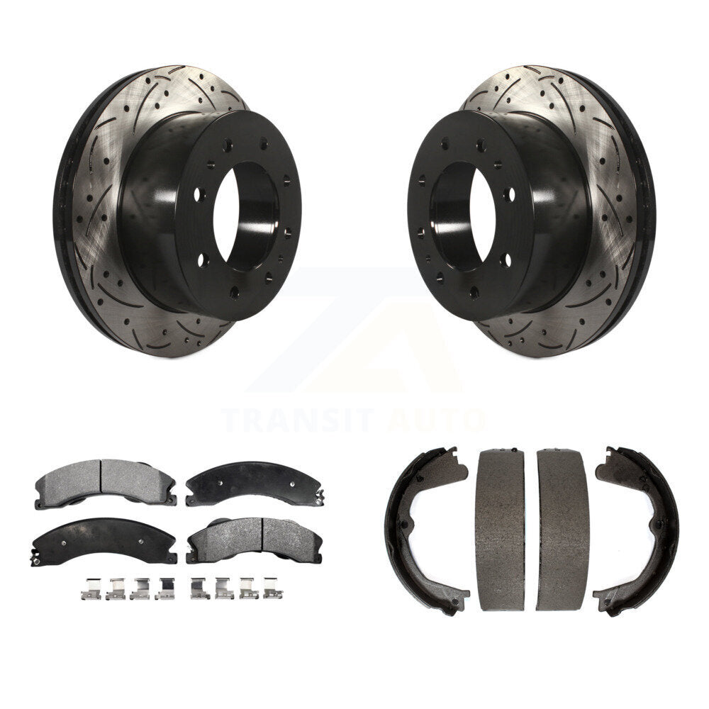 Rear Disc Drilled & Slotted Rotors Ceramic Pads Parking Shoes Kit For Chevrolet Silverado KDT-101532