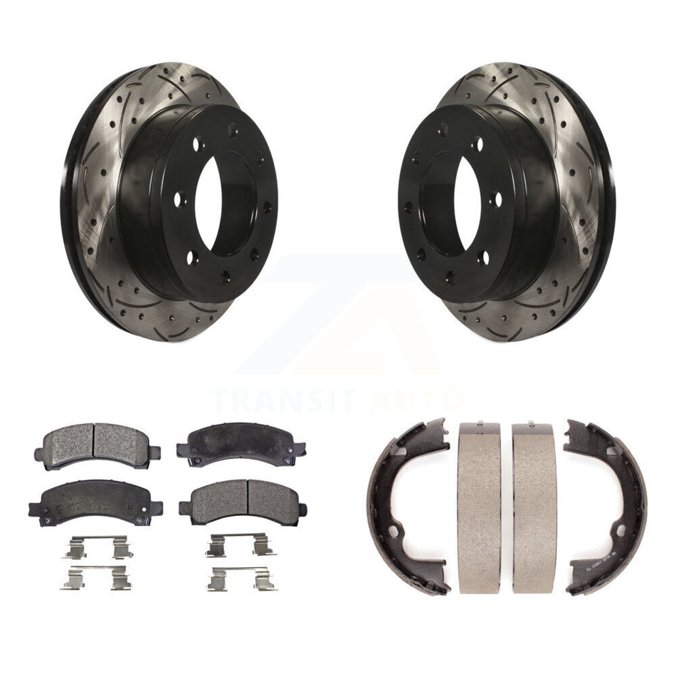Rear Disc Drilled & Slotted Rotors Ceramic Pads Parking Shoes Kit For Chevrolet Express KDT-101533