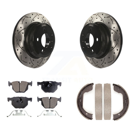 Rear Disc Drilled & Slotted Rotors Ceramic Pads And Parking Brake Shoes Kit For BMW X5 X6 KDT-101536
