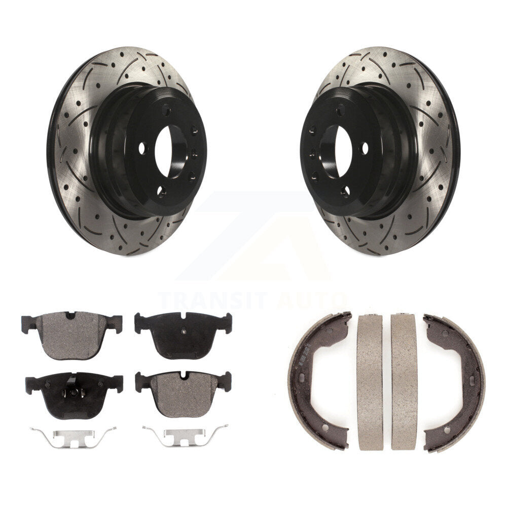 Rear Disc Drilled & Slotted Rotors Ceramic Pads Parking Shoes Kit For 09 BMW X6 xDrive35i KDT-101537
