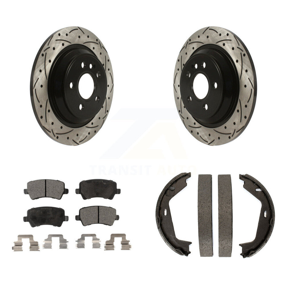 Rear Disc Drilled & Slotted Rotors Ceramic Pads Parking Shoes Kit For 07-09 Volvo S80 AWD KDT-101542