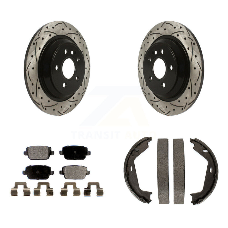 Rear Disc Drilled & Slotted Rotors Ceramic Pads Parking Shoes Kit For 08-09 Volvo S80 FWD KDT-101543