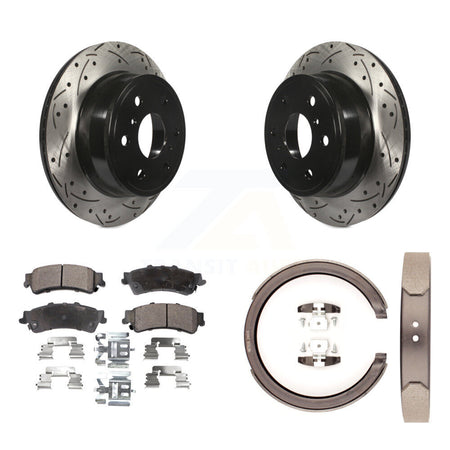 Rear Disc Drilled & Slotted Rotors Ceramic Pads And Parking Brake Shoes Kit For KDT-101544