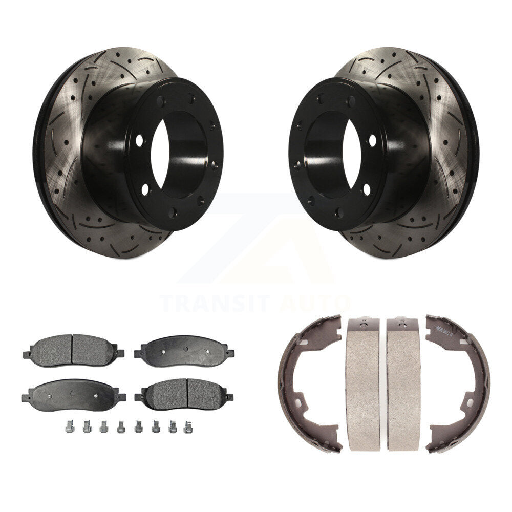 Rear Disc Drilled & Slotted Rotors Ceramic Pads Parking Shoes Kit For Ford F-350 Super KDT-101546
