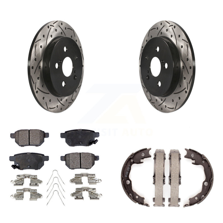 Rear Disc Drilled & Slotted Rotors Ceramic Pads Parking Shoes Kit For Toyota Matrix Vibe KDT-101547