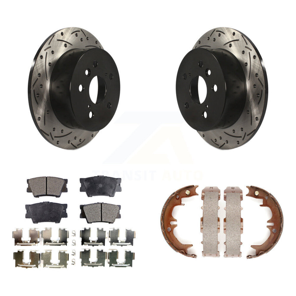Rear Disc Drilled & Slotted Rotors Ceramic Pads Parking Shoes Kit For Toyota Camry Lexus KDT-101548