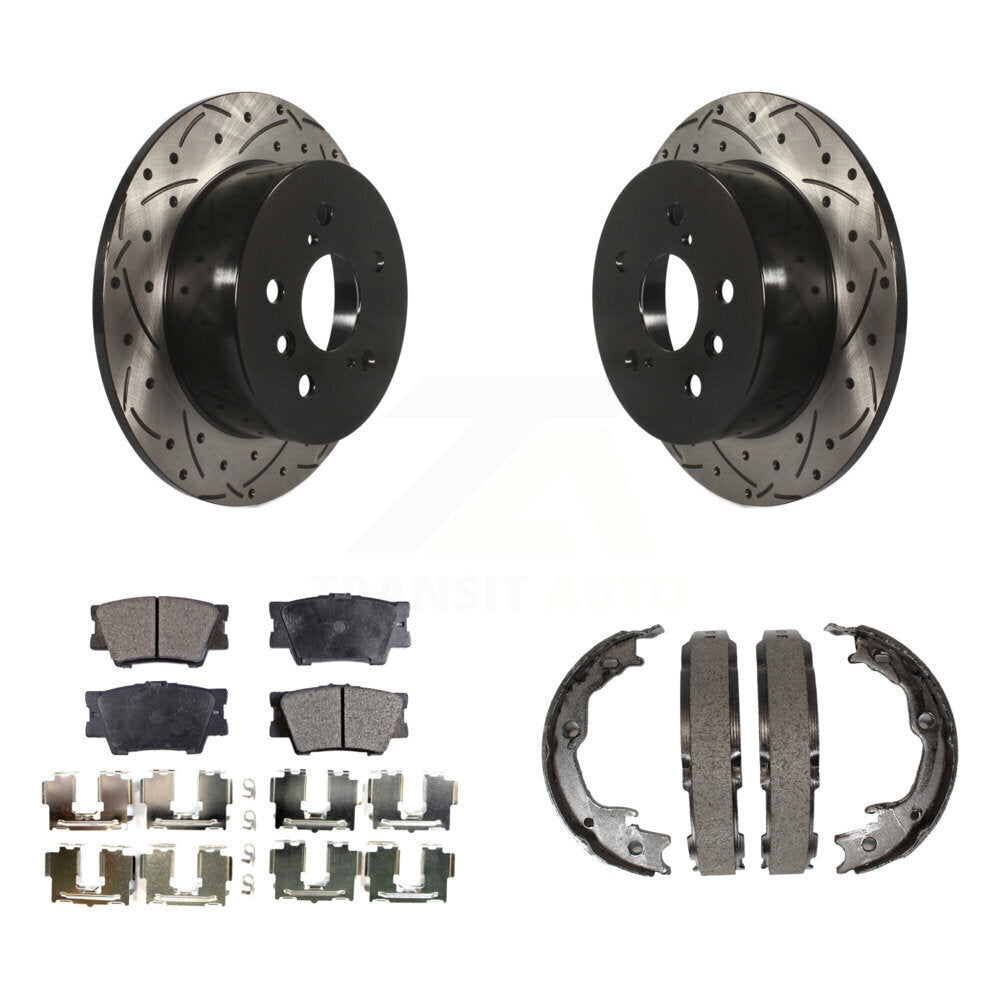 Rear Disc Drilled & Slotted Rotors Ceramic Pads Parking Shoes Kit For Toyota Camry Lexus KDT-101549