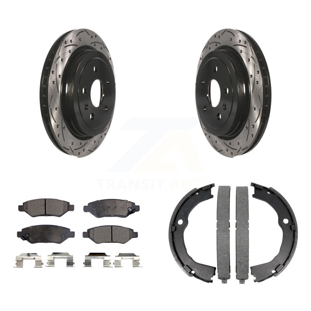 Rear Disc Drilled & Slotted Rotors Ceramic Pads Parking Shoes Kit For Chevrolet Camaro KDT-101552