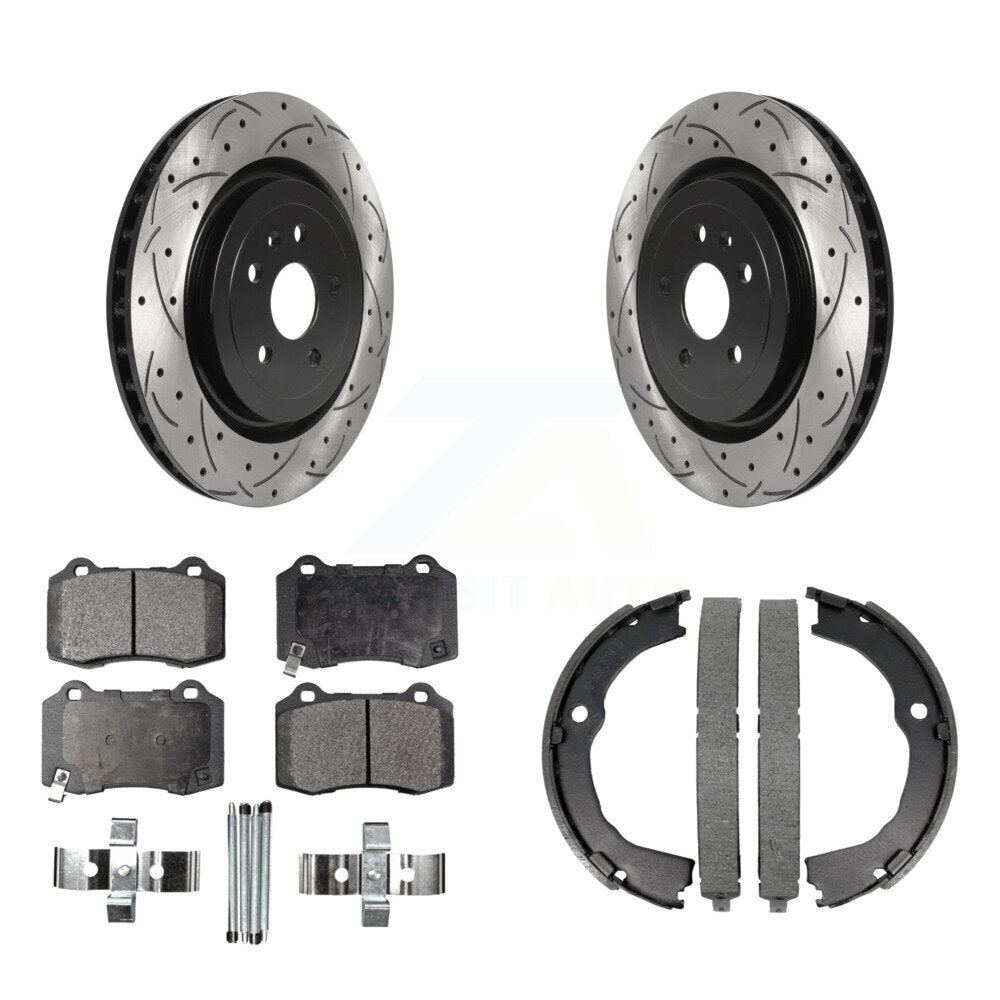 Rear Disc Drilled & Slotted Rotors Ceramic Pads Parking Shoes Kit For Chevrolet Camaro KDT-101553