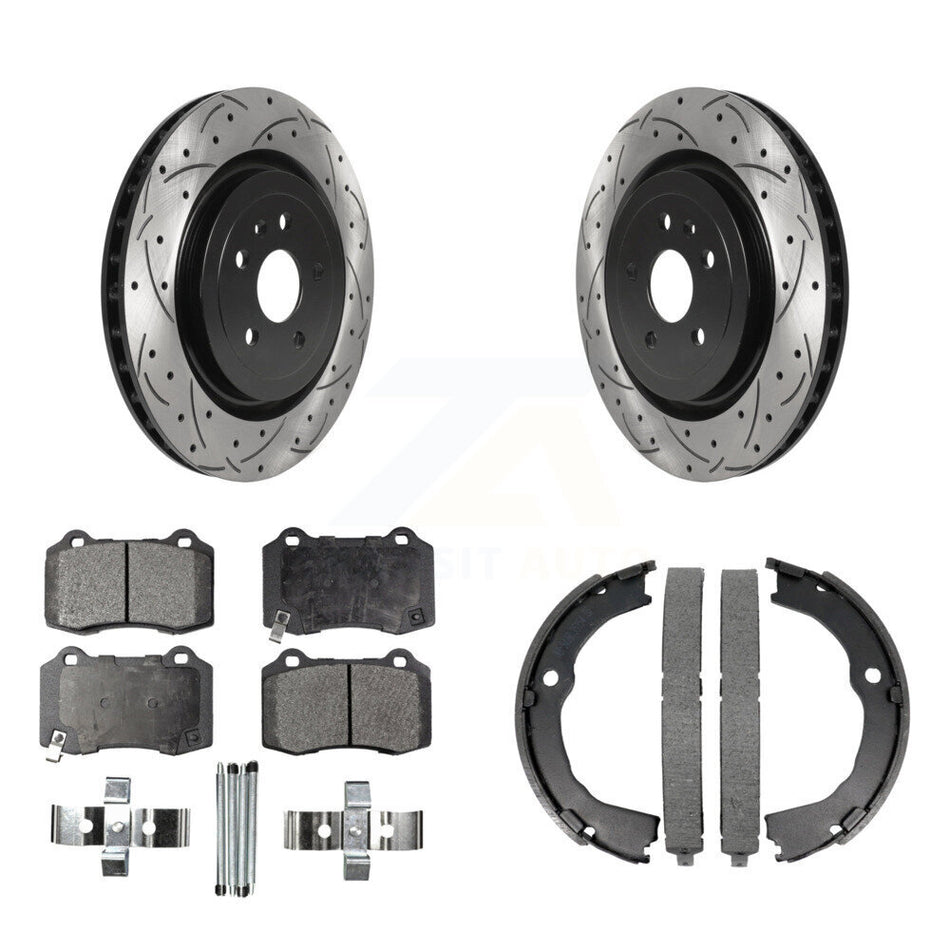 Rear Disc Drilled & Slotted Rotors Ceramic Pads Parking Shoes Kit For Chevrolet Camaro KDT-101553