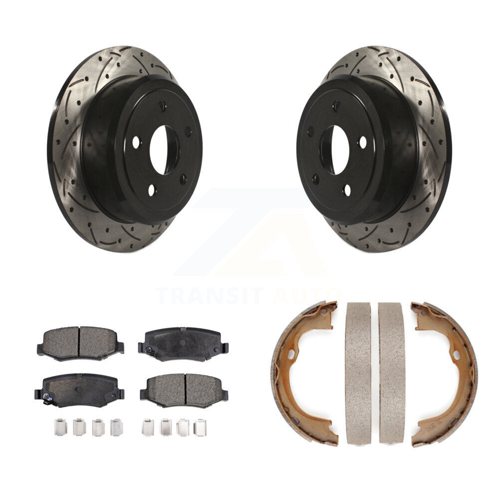 Rear Disc Drilled & Slotted Rotors Ceramic Pads Parking Shoes Kit For Jeep Wrangler JK KDT-101554