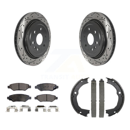 Rear Disc Drilled & Slotted Rotors Ceramic Pads Parking Shoes Kit For 10-16 Cadillac SRX KDT-101557
