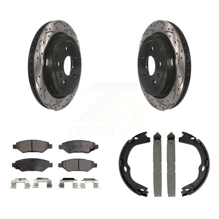 Rear Disc Drilled & Slotted Rotors Ceramic Pads Parking Brake Shoes Kit For Cadillac CTS KDT-101558