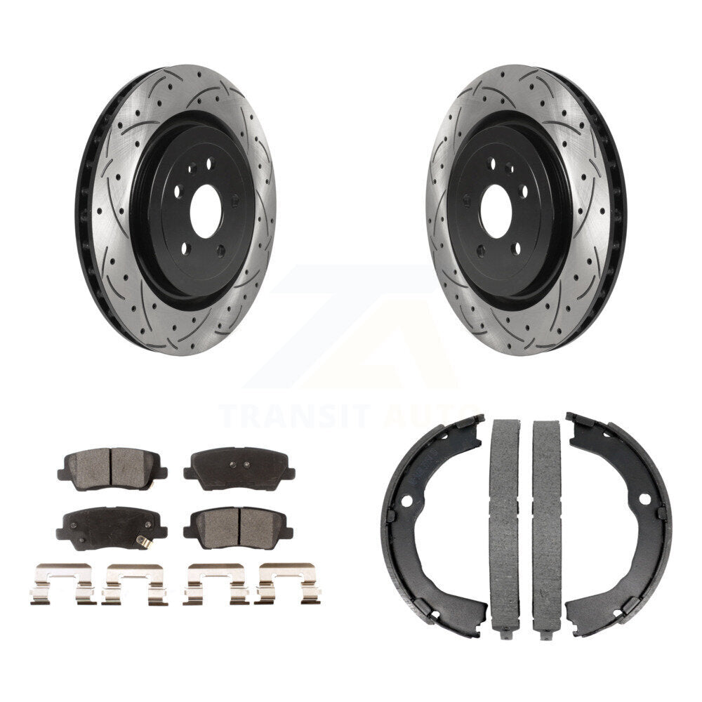 Rear Disc Drilled & Slotted Rotors Ceramic Pads Parking Brake Shoes Kit For Cadillac CTS KDT-101565
