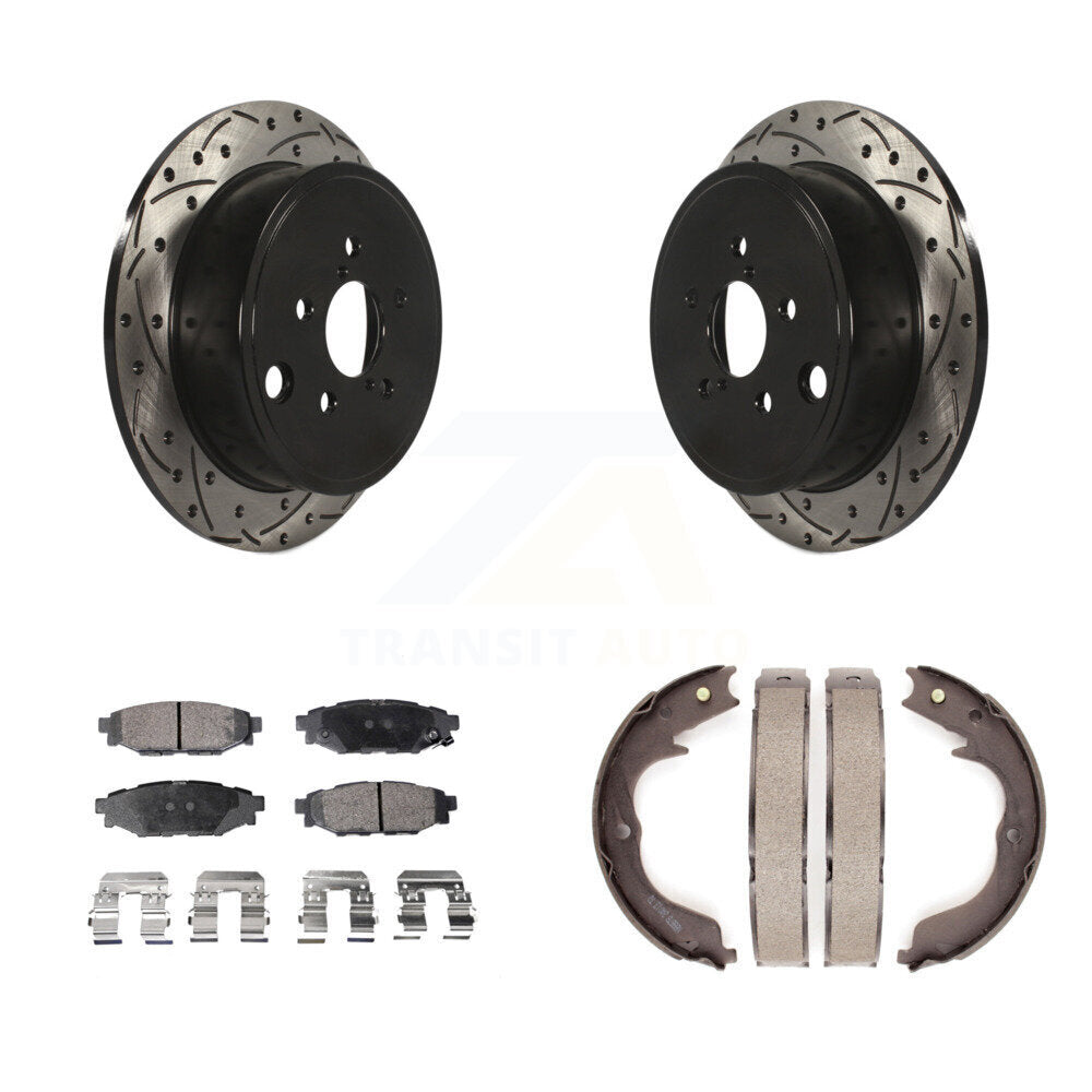 Rear Disc Drilled & Slotted Rotors Ceramic Pads And Parking Shoes Kit For Subaru Impreza KDT-101567