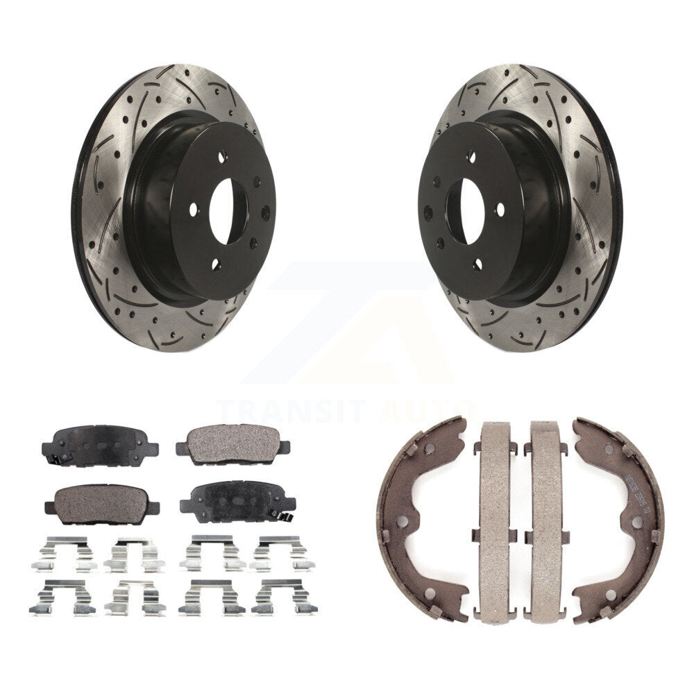 Rear Disc Drilled & Slotted Rotors Ceramic Pads Parking Shoes Kit For INFINITI Nissan G37 KDT-101572