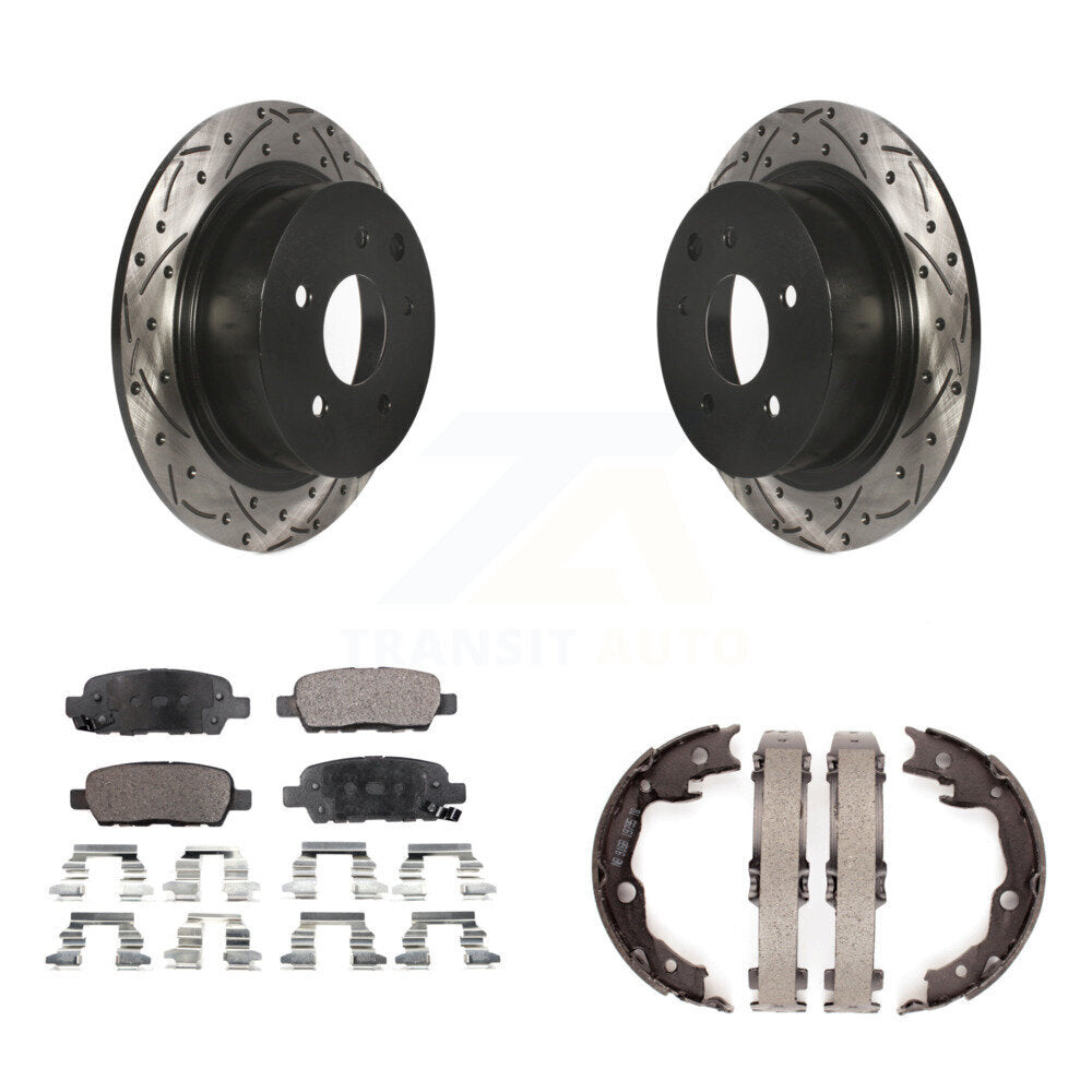 Rear Disc Drilled & Slotted Rotors Ceramic Pads Parking Shoes Kit For Nissan Sentra Juke KDT-101574