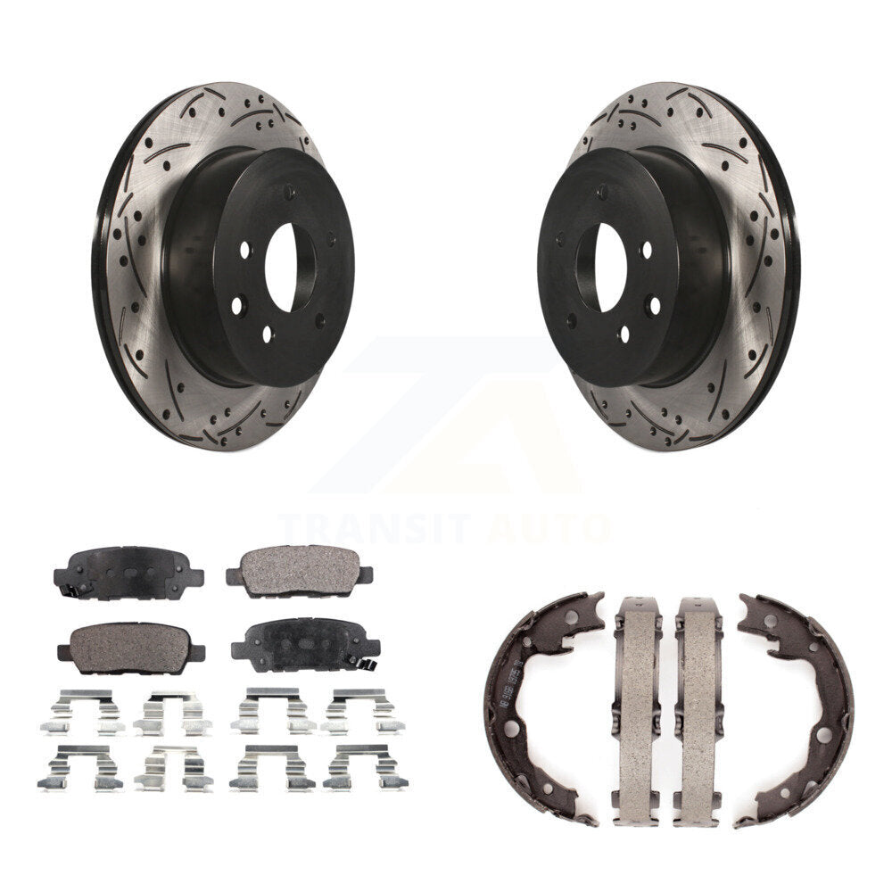 Rear Disc Drilled & Slotted Rotors Ceramic Pads Parking Shoes Kit For Nissan Rogue LEAF KDT-101575