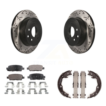 Rear Disc Drilled & Slotted Rotors Ceramic Pads Parking Shoes Kit For Nissan Rogue LEAF KDT-101575