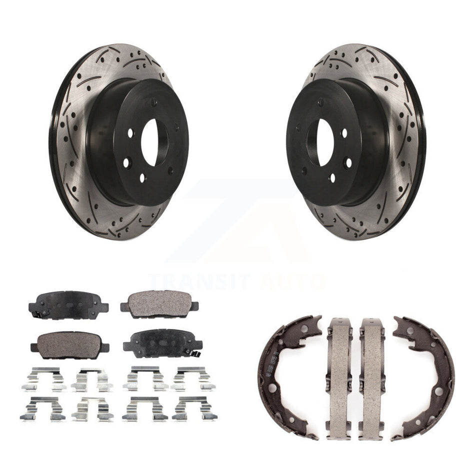 Rear Disc Drilled & Slotted Rotors Ceramic Pads Parking Shoes Kit For Nissan Rogue LEAF KDT-101575