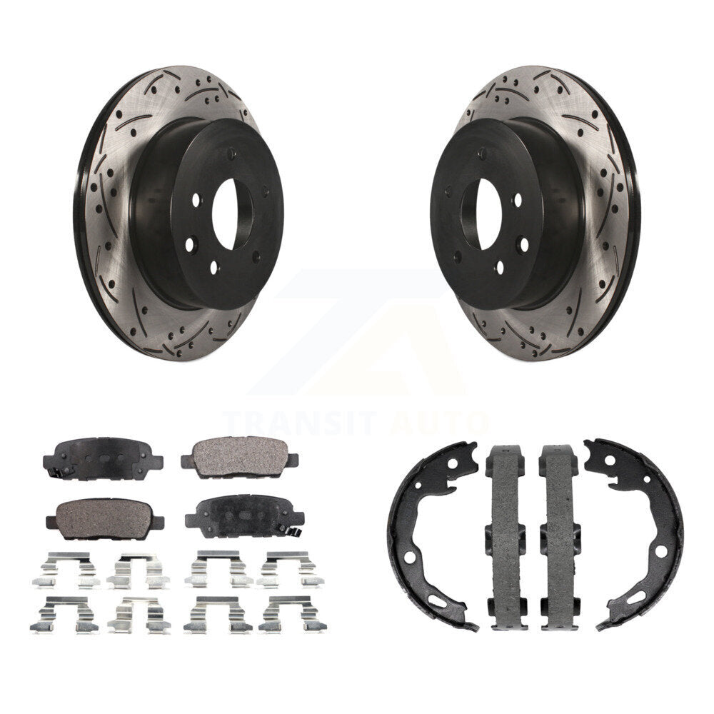 Rear Disc Drilled & Slotted Rotors Ceramic Pads Parking Shoes Kit For Nissan Rogue Sport KDT-101577