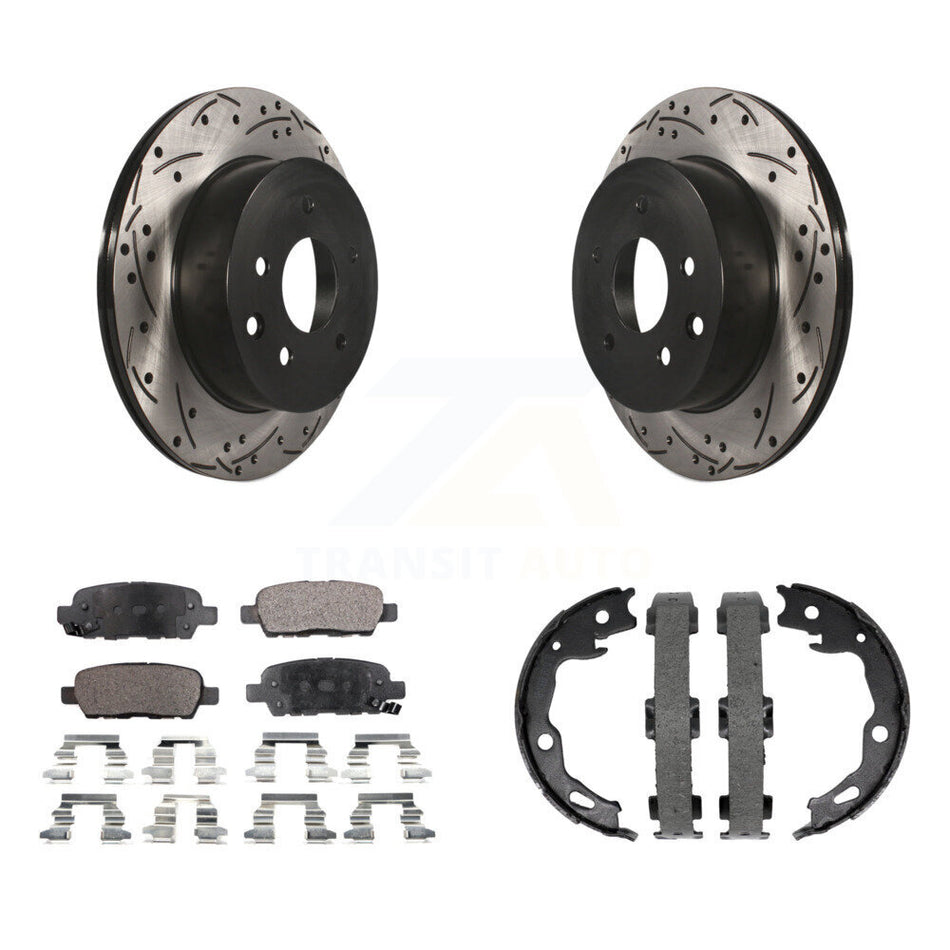 Rear Disc Drilled & Slotted Rotors Ceramic Pads Parking Shoes Kit For Nissan Rogue Sport KDT-101577