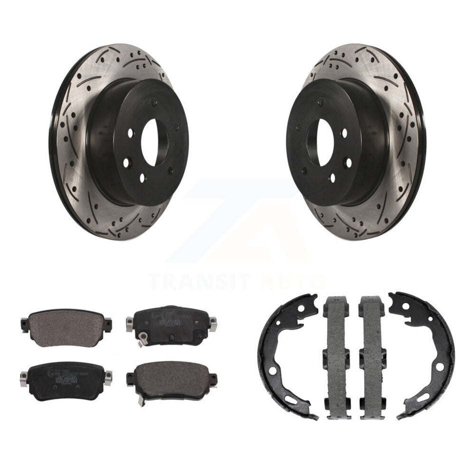 Rear Disc Drilled & Slotted Rotors Ceramic Pads Parking Shoes Kit For Nissan Rogue Sport KDT-101581