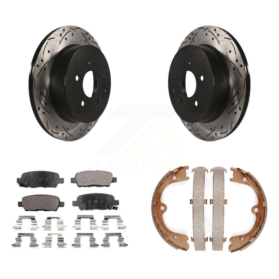 Rear Disc Drilled & Slotted Rotors Ceramic Pads Parking Shoes Kit For INFINITI FX35 Quest KDT-101583