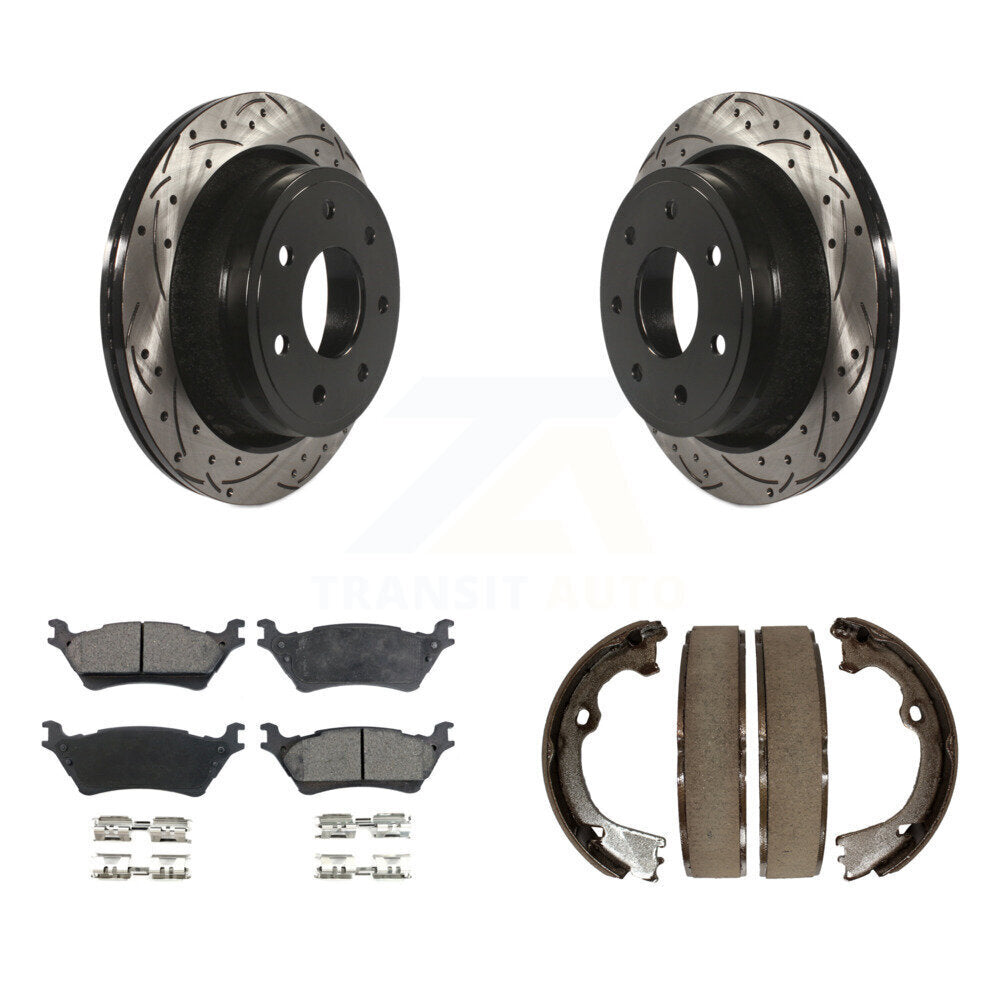 Rear Disc Drilled & Slotted Rotors Ceramic Pads Parking Brake Shoes Kit For Ford F-150 KDT-101585