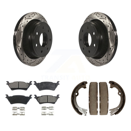 Rear Disc Drilled & Slotted Rotors Ceramic Pads Parking Brake Shoes Kit For Ford F-150 KDT-101585