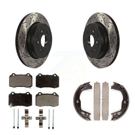Rear Disc Drilled & Slotted Rotors Ceramic Pads And Parking Brake Shoes Kit For KDT-101588