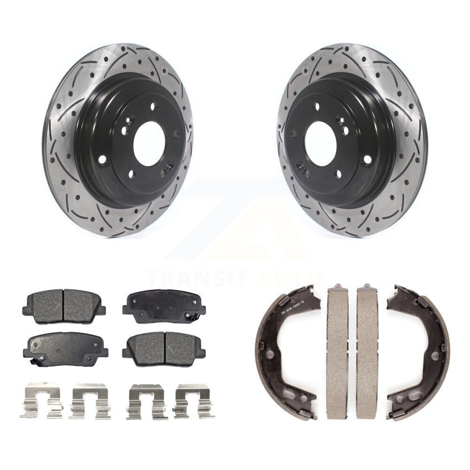 Rear Disc Drilled & Slotted Rotors Ceramic Pads And Parking Brake Shoes Kit For KDT-101589