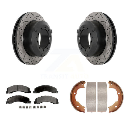 Rear Disc Drilled & Slotted Rotors Ceramic Pads Parking Shoes Kit For Ram Dodge Sterling KDT-101590