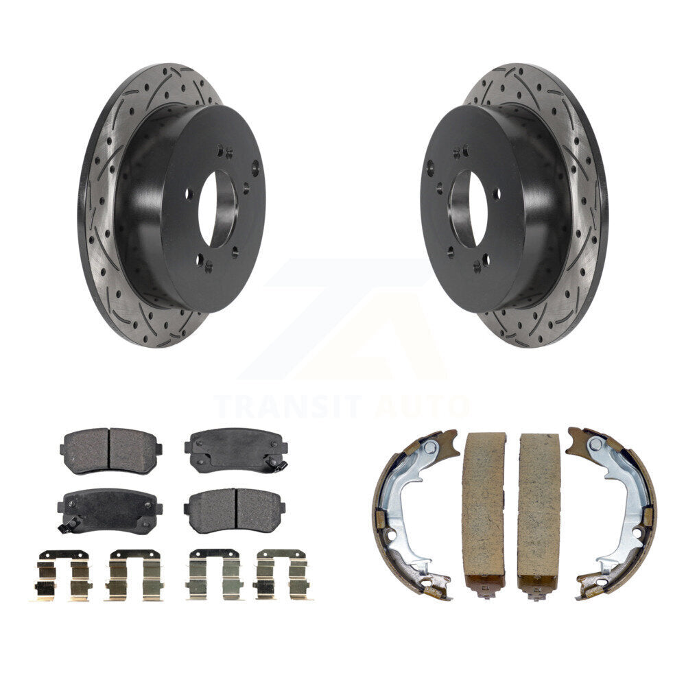 Rear Disc Drilled & Slotted Rotors Ceramic Pads Parking Shoes Kit For Hyundai Tucson Kia KDT-101591