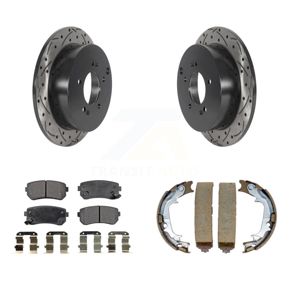Rear Disc Drilled & Slotted Rotors Ceramic Pads Parking Shoes Kit For Hyundai Tucson Kia KDT-101591