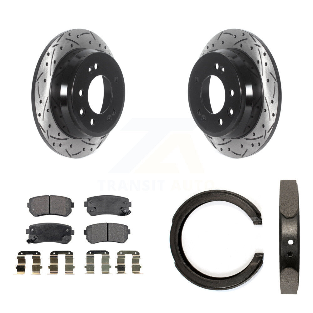 Rear Disc Drilled & Slotted Rotors Ceramic Pads Parking Shoes Kit For Kia Sportage FWD KDT-101592