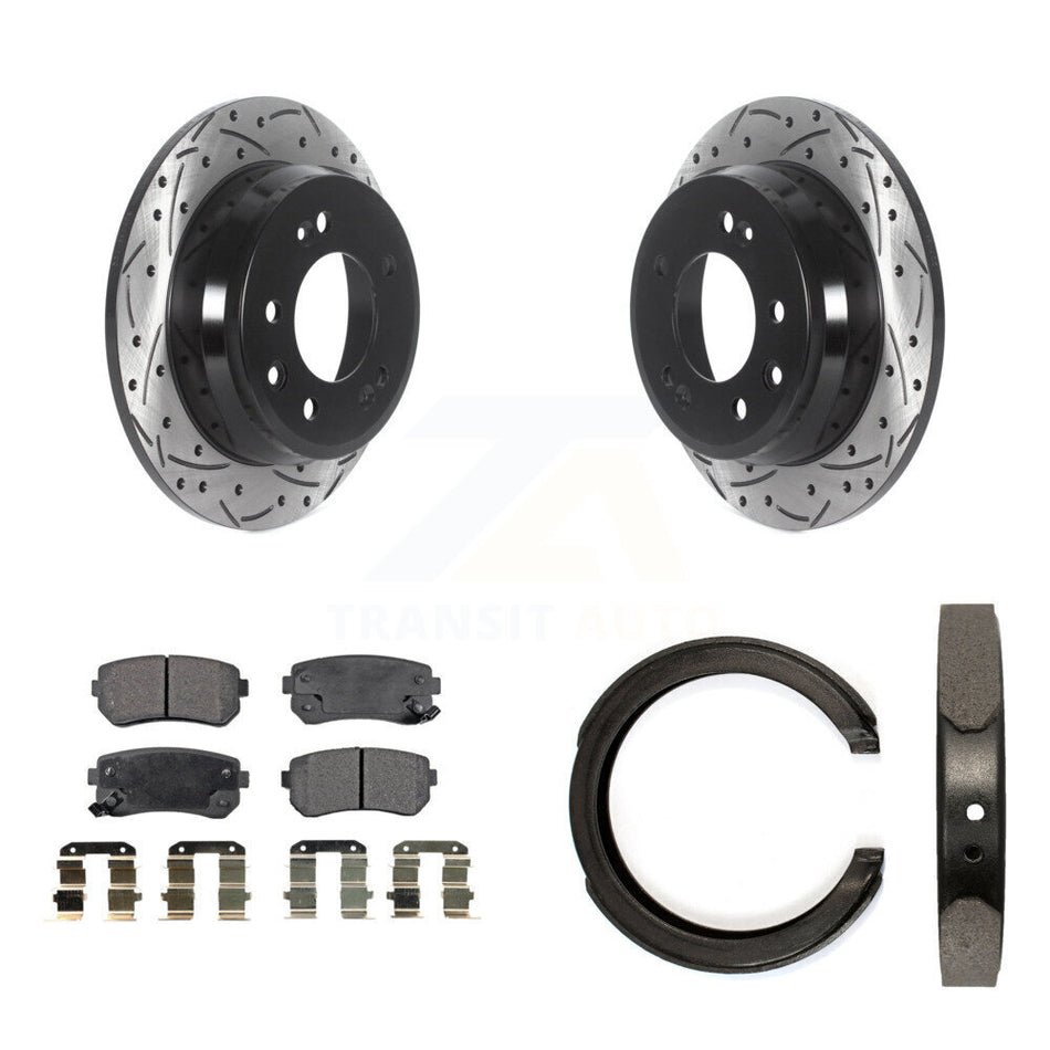 Rear Disc Drilled & Slotted Rotors Ceramic Pads Parking Shoes Kit For Kia Sportage FWD KDT-101592