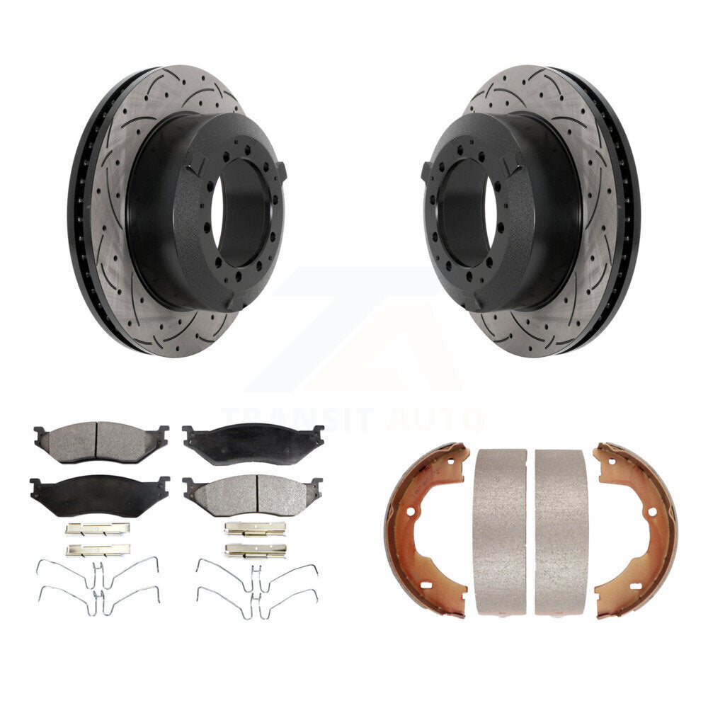 Rear Disc Drilled & Slotted Rotors Ceramic Pads Parking Shoes Kit For Ford F-450 Super KDT-101593