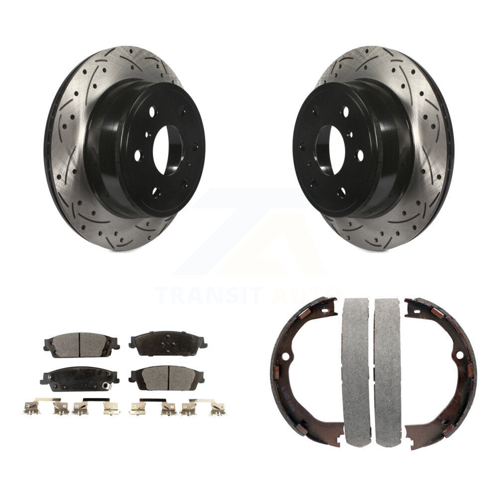 Rear Disc Drilled & Slotted Rotors Ceramic Pads Parking Shoes Kit For GMC Chevrolet 1500 KDT-101602