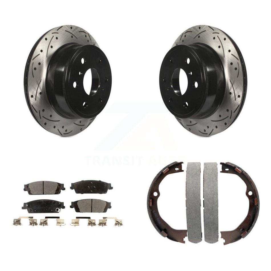Rear Disc Drilled & Slotted Rotors Ceramic Pads Parking Shoes Kit For GMC Chevrolet 1500 KDT-101602